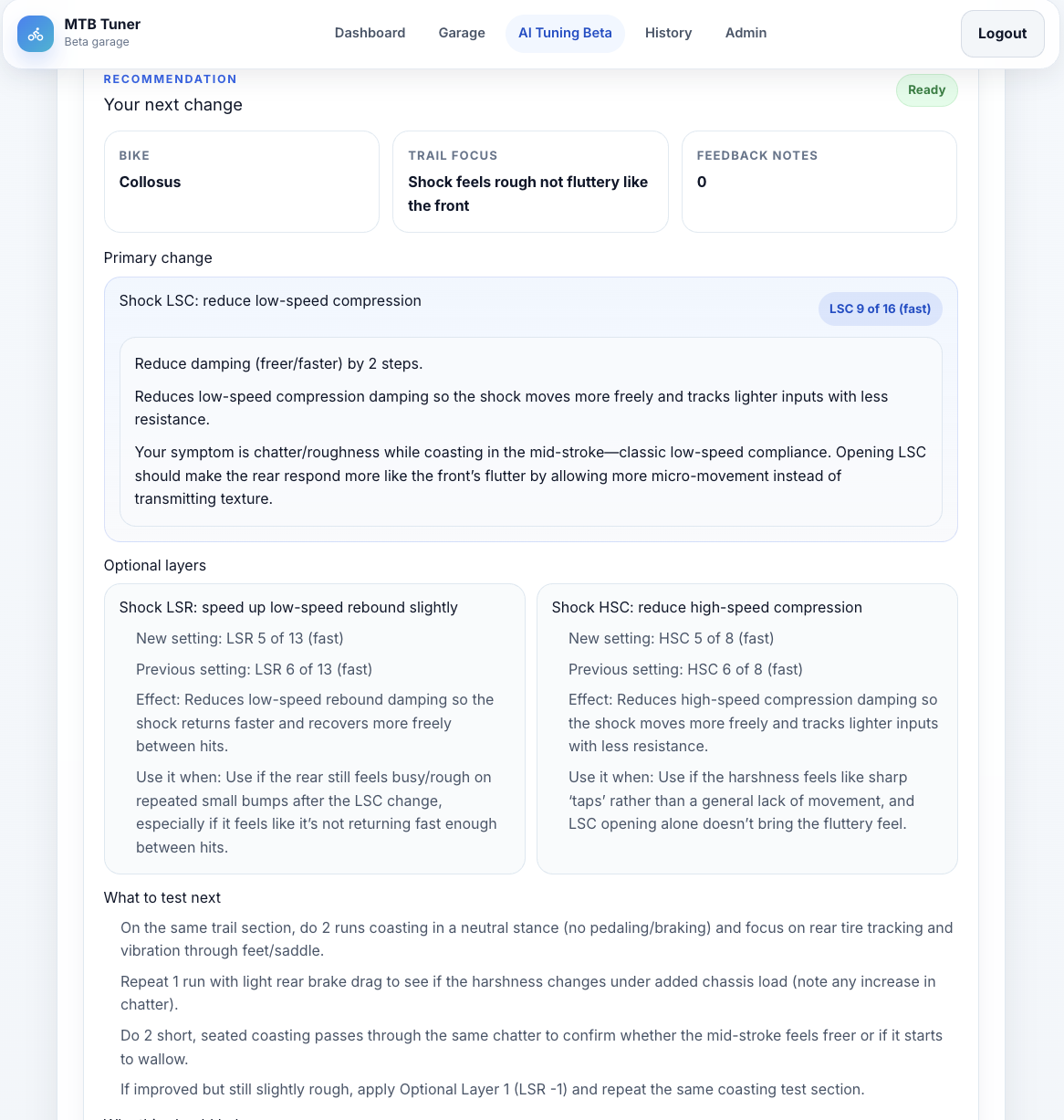 MTB suspension AI recommendation screen with one primary tuning change and test plan