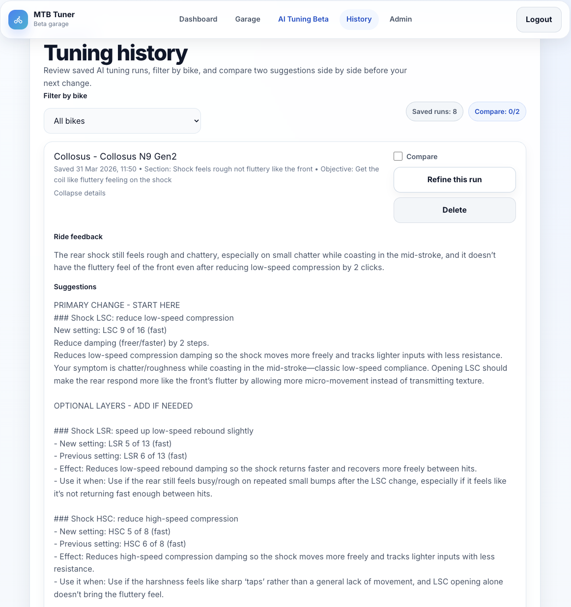 Come back after the next run. in the Trailogic mountain bike suspension tuning app